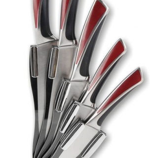 Ножі на підставці з червоно-чорними ручками (набір 6 шт)